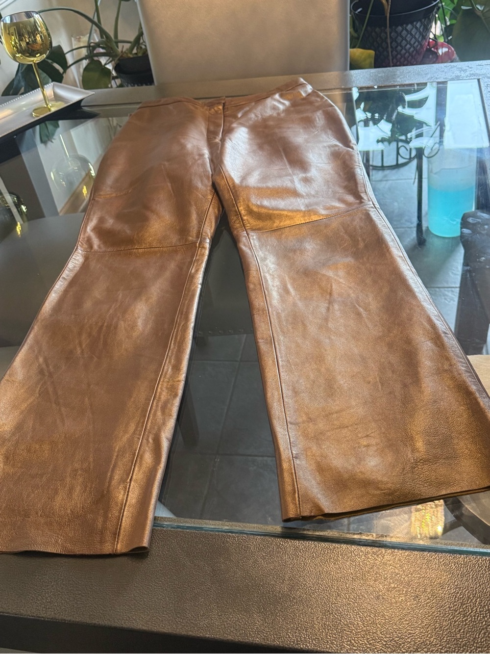 Women’s Metallic Bronze Leather Pants- Classic Stylish Fit - Picture 3 of 9